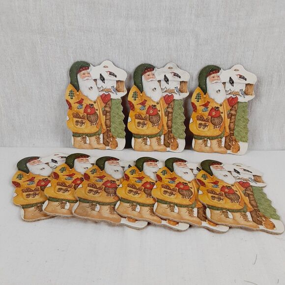 Christmas Corkboard Coasters 9pc Old St Nicholas Santa Clause Primitive Birds - Picture 1 of 12